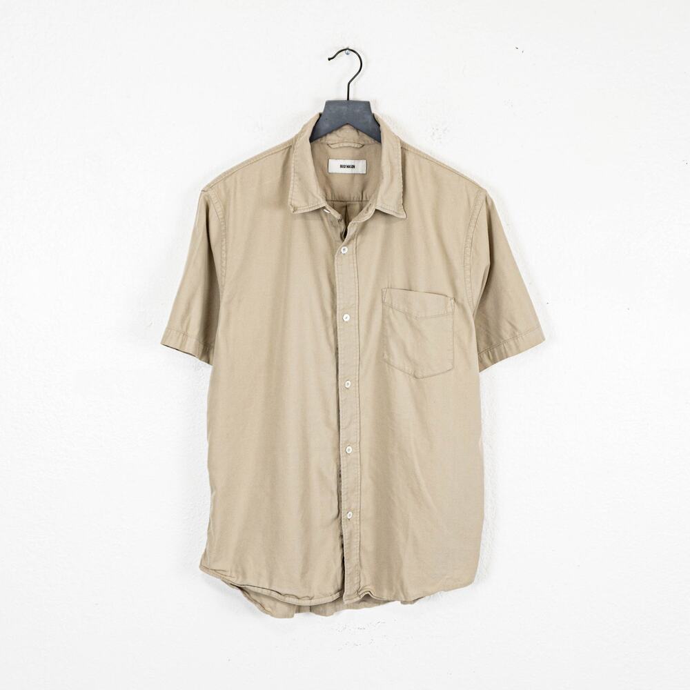 Buck Mason Draped Twill Short Sleeve One Pocket Shirt Tan size XL